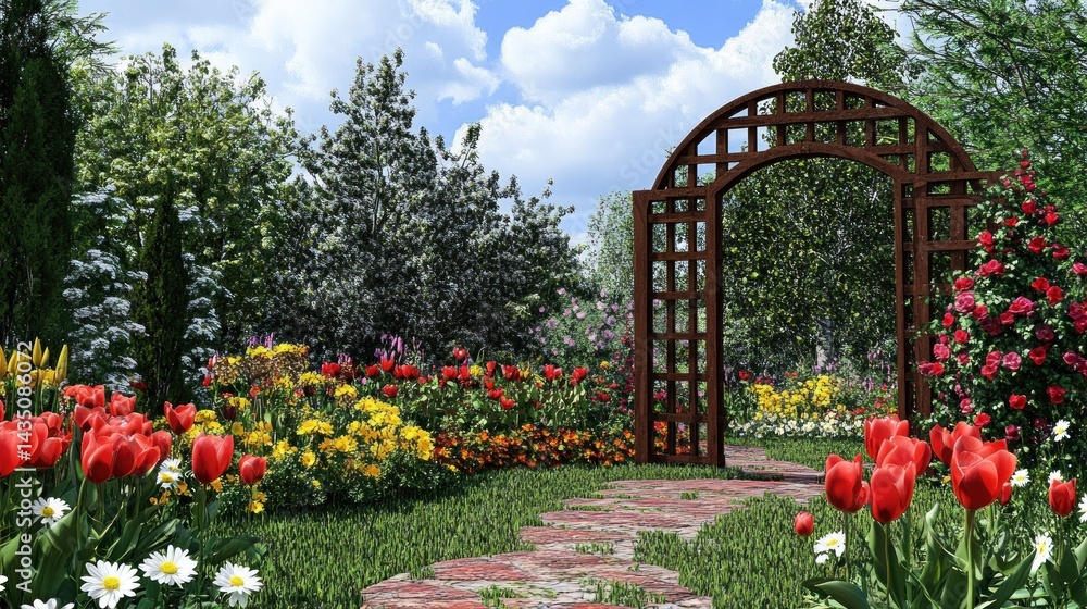 Fototapeta premium Spring garden path with archway