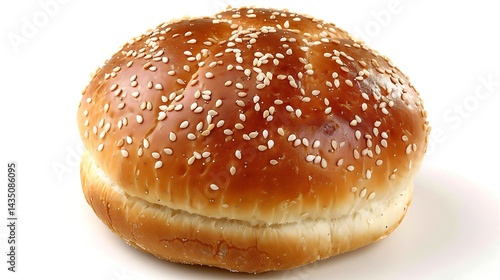 Top view shot of a hamburger bread bun, isolated on white background. The freshly baked, golden brown color and a sprinkling of sesame seeds on top.