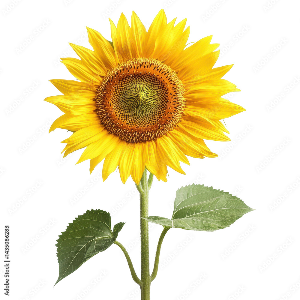 Fototapeta premium Bright sunflower in full bloom isolated on a clean Transparent background displaying vibrant yellow petals and green leaves, frangipani flower isolated on white isolated on PNG background