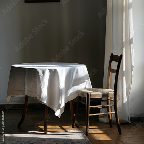 a table with a white table cloth and a wooden chair - Image #3 @Hamza