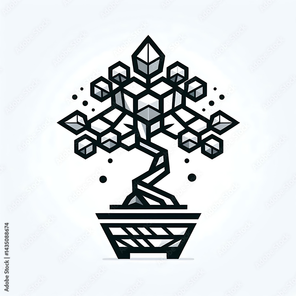 Cherry Bonsai Tree illustration. Geometric Bonsai Tree: Minimalist Black and White Line Art Cherry Bonsai Tree illustration. Geometric Bonsai Tree: Minimalist Black and White Line Art