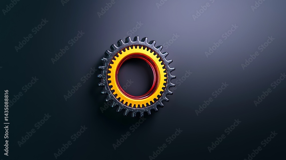 Naklejka premium Close-up of a vibrant, intricate gear against a dark background, showcasing engineering design