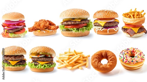 Various delicious fast foods set, unhealthy fast foods isolated on white background. assortment junk foods. beef burger, chicken burger, grilled sandwich, donut, ramen noodles, fries, spring rolls.