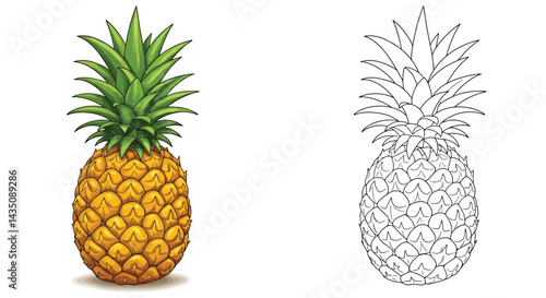 The Pineapple: A refreshing visual of a tropical pineapple is portrayed. A vibrant display, with one rendered in full color and the other in a detailed line art. 