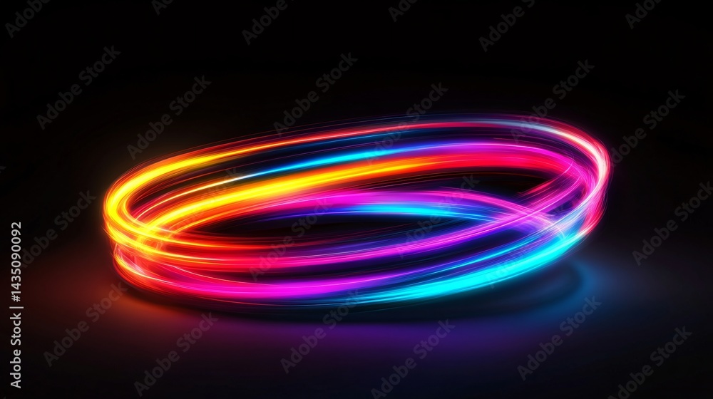 Vibrant neon light trails, colorful glowing loops illuminating dark space, suitable for party themes or creative designs. Vibrant neon light trails, colorful glowing loops illuminating dark space, suitable for party themes or creative designs.