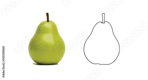 Pear in Detail: A vibrant green pear, perfectly ripe and presented beside its outline, a testament to the beauty of simple, organic forms, emphasizing the freshness and elegance of the fruit.