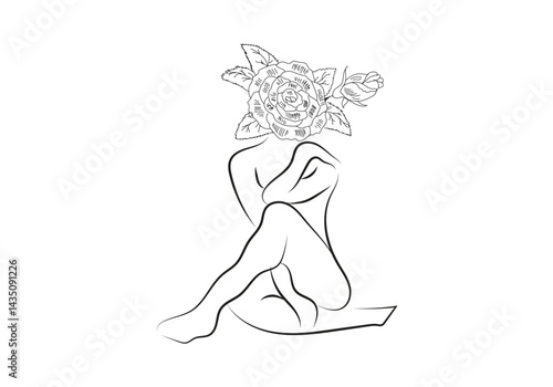 minimalist nude woman line art with floral head illustration