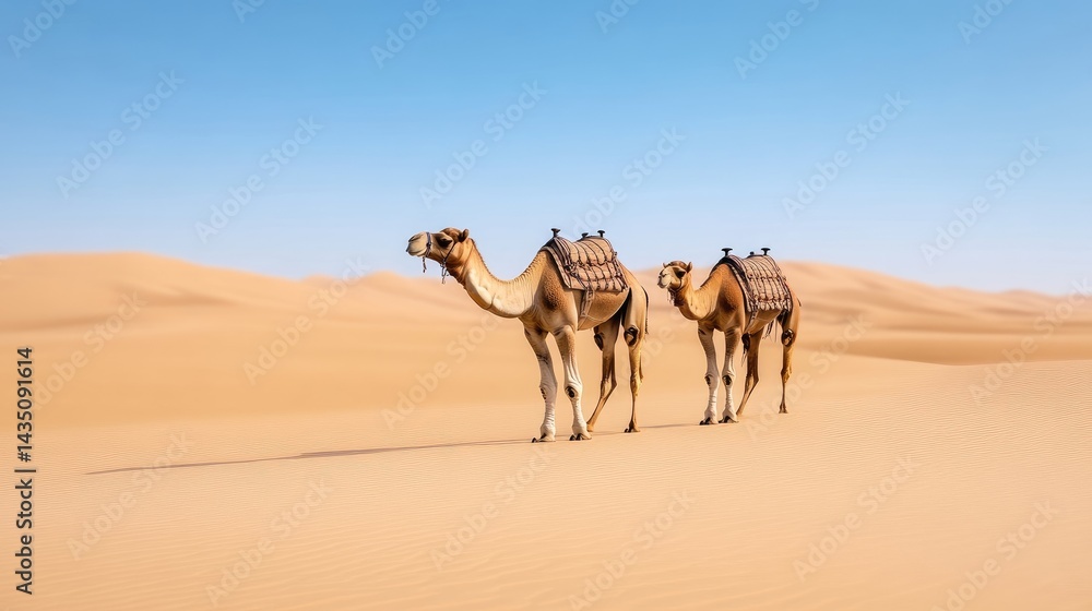 Fototapeta premium Two camels traverse the desert sands