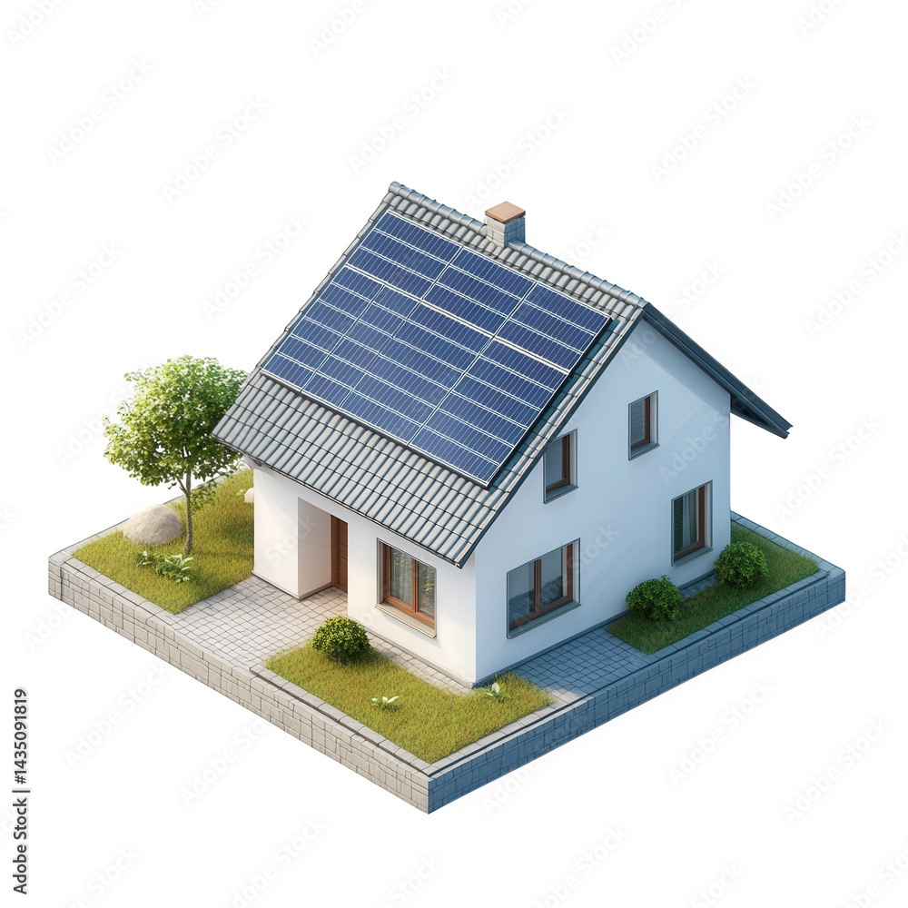 a modern house with solar panels on the roof. surrounded by a small garden featuring trees and shrubs the design emphasizes sustainability and eco-friendliness. showcasing a blend of contemporary arch a modern house with solar panels on the roof. surrounded by a small garden featuring trees and shrubs the design emphasizes sustainability and eco-friendliness. showcasing a blend of contemporary arch