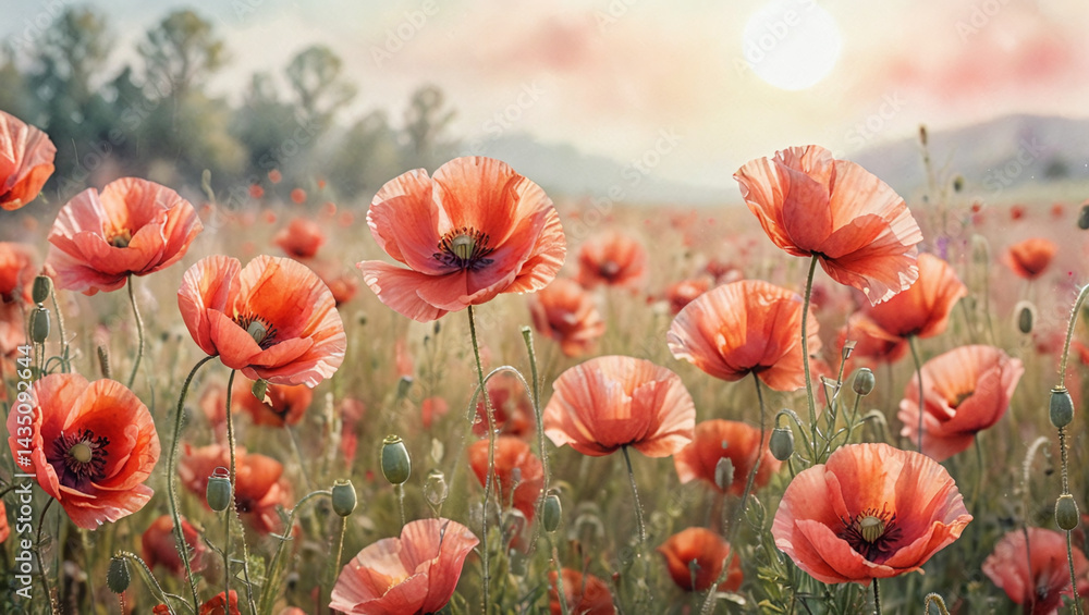 Obraz premium Vibrant Red Poppies Blooming in a Sunlit Field at Dawn