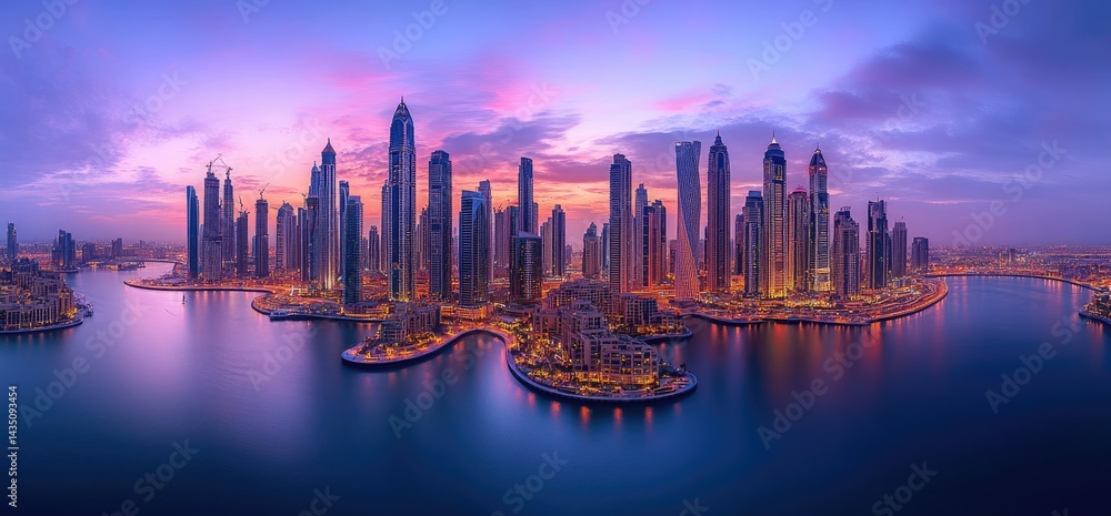 Fototapeta premium Modern city skyline at dusk panoramic urban architecture reflecting lights