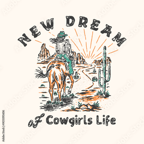 cowgirls illustration horse graphic desert design old badge cactus vintage town