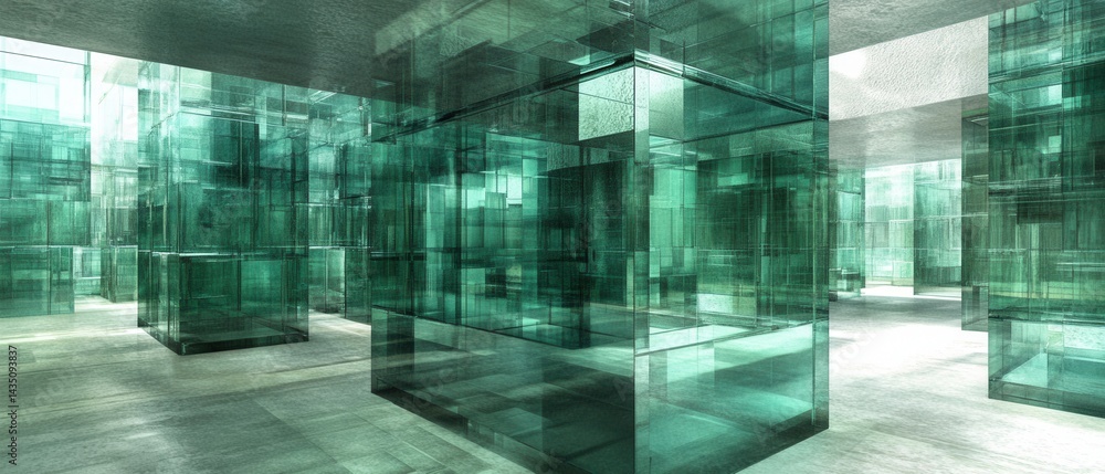 Abstract architectural design featuring transparent green glass cubes creating a modern geometric space with light reflections and a serene futuristic atmosphere for innovative concepts Abstract architectural design featuring transparent green glass cubes creating a modern geometric space with light reflections and a serene futuristic atmosphere for innovative concepts