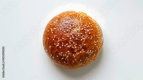 Top view shot of a hamburger bread bun, isolated on white background. The freshly baked, golden brown color and a sprinkling of sesame seeds on top.