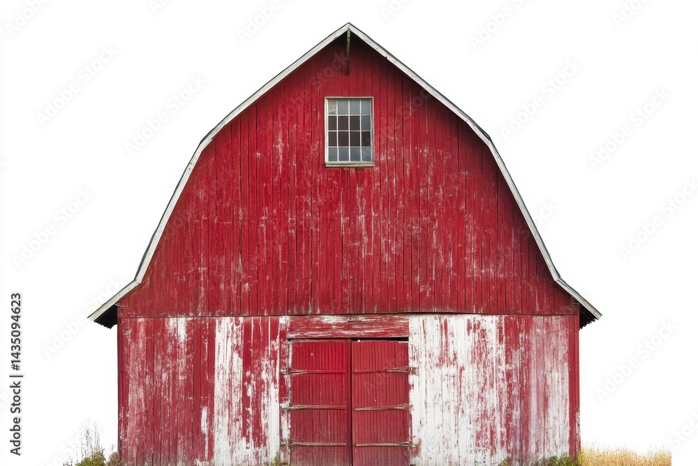 Rustic Red Barn with Weathered Paint and a Small Window against a White Background in a Rural Landscape Capturing the Essence of American Farm Life and Nostalgia Rustic Red Barn with Weathered Paint and a Small Window against a White Background in a Rural Landscape Capturing the Essence of American Farm Life and Nostalgia