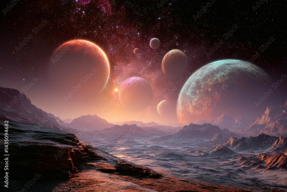 Fantasy Alien Planet Landscape with Mountain Ranges, Exoplanets and Nebula Sky