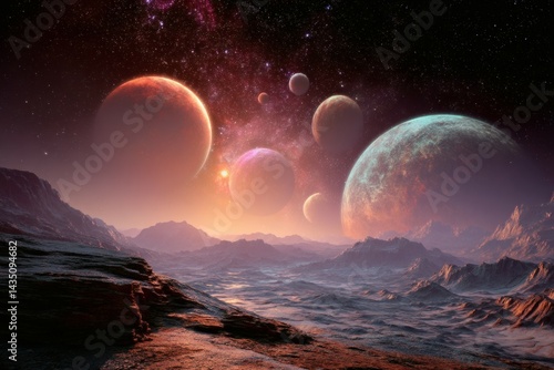 Obraz na płótnie Fantasy Alien Planet Landscape with Mountain Ranges, Exoplanets and Nebula Sky w salonie