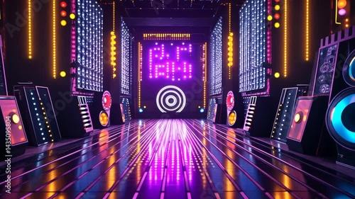 Energetic retro synthwave tunnel animation with glowing neon lights and vintage boomboxes vibes perfect loop