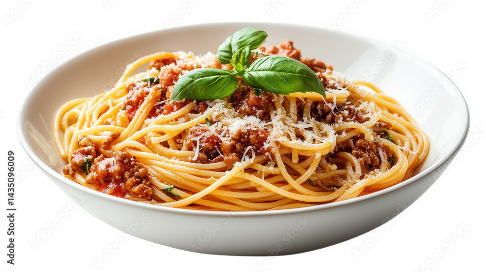 a delicious serving of spaghetti bolognese garnished with fresh basil and sprinkled with grated cheese. presented in a white bowl the dish showcases a rich tomato sauce with minced meat. emphasizing a a delicious serving of spaghetti bolognese garnished with fresh basil and sprinkled with grated cheese. presented in a white bowl the dish showcases a rich tomato sauce with minced meat. emphasizing a