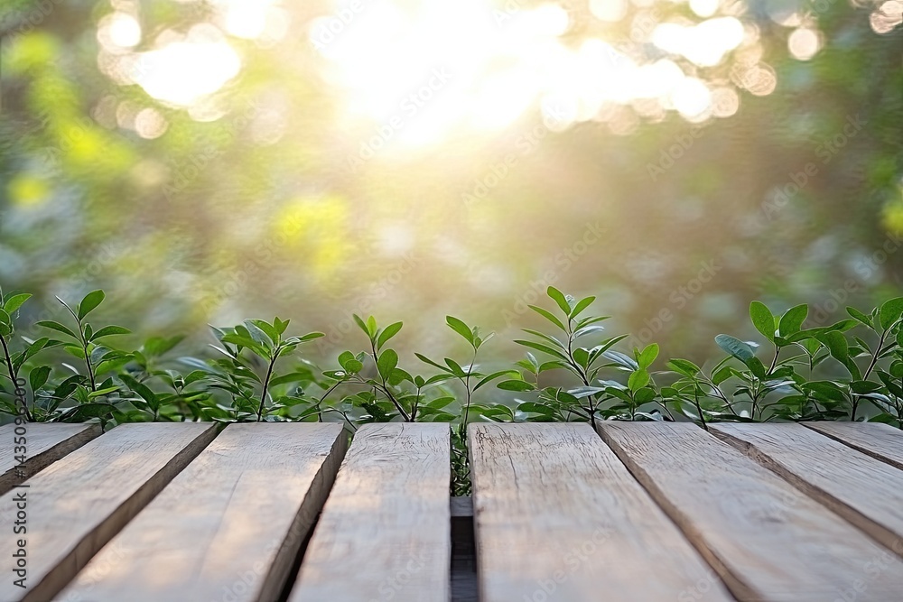 Wooden planks, lush greenery, soft light Wooden planks, lush greenery, soft light