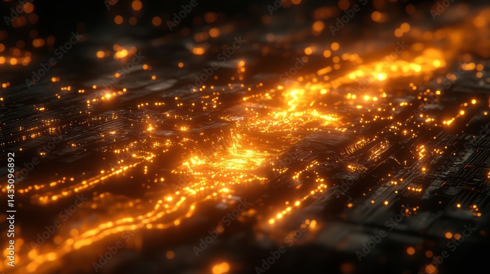 Naklejka premium Digital Data Stream: A mesmerizing visualization of interconnected digital data, with a complex network of glowing orange streams and particles cascading across a dark surface.