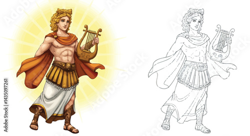Apollo: A vibrant illustration showcases Apollo, the Greek god of music and light, adorned with a golden halo, musical instrument. and radiant presence.