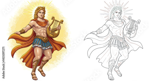 Apollo God of Music: A mythical representation of Apollo, the Greek god of music and light, radiates divine energy, embodying artistic inspiration.