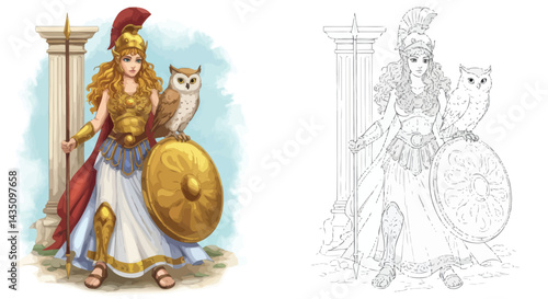 Athena and Owl: A portrayal of Athena, the ancient Greek goddess of wisdom and warfare, accompanied by her symbolic owl, embodying knowledge and strategic insight.