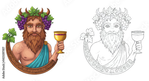 Bacchus's Blessings: A depiction of Bacchus, the Roman god of wine, with his symbolic grape crown and golden goblet, conveying a sense of celebration, abundance, and artistic design.
