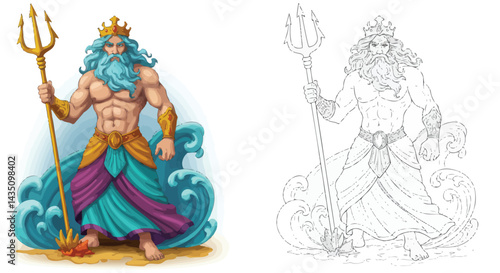 Poseidon God of Sea: Majestic illustration of Poseidon, the Greek god of the sea, depicted with his trident and flowing robes, against a backdrop of stylized ocean waves.