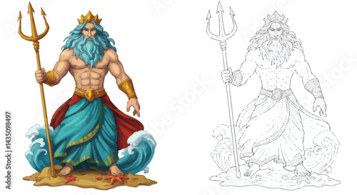 Poseidon Illustration: A detailed illustration of Poseidon, the Greek god of the sea, depicted wielding his iconic trident with waves, and a majestic crown.