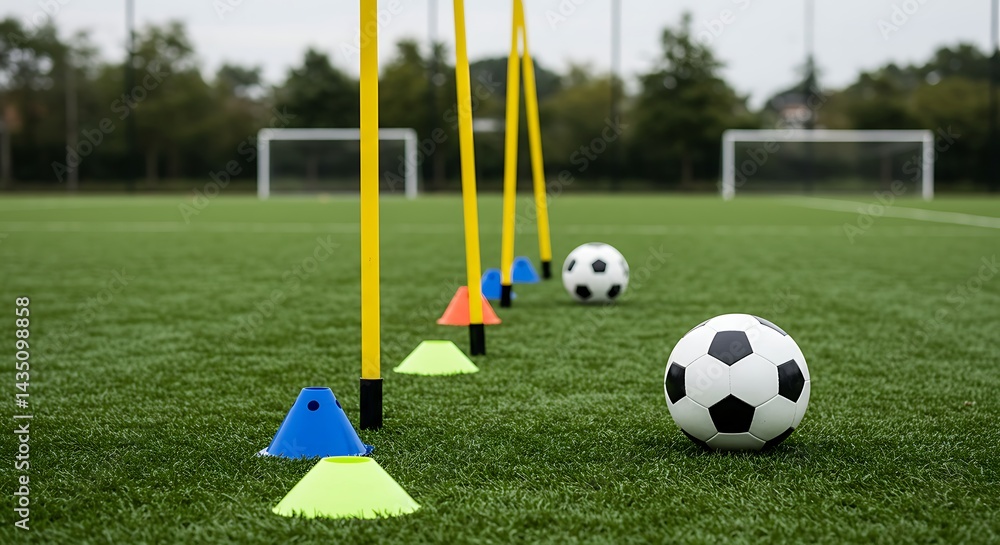 Obraz premium Soccer Ball and Training Cones on Field for Practice