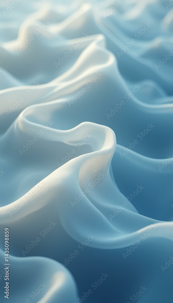 Obraz premium Abstract flowing shapes in blue and white, resembling soft fabric or delicate waves, illuminated by gentle, diffused light.