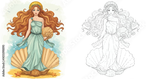 Mermaid's Allure: A captivating illustration of a mermaid, adorned in a flowing gown, cradling a seashell, emerging from a clamshell amidst a gentle sea breeze.