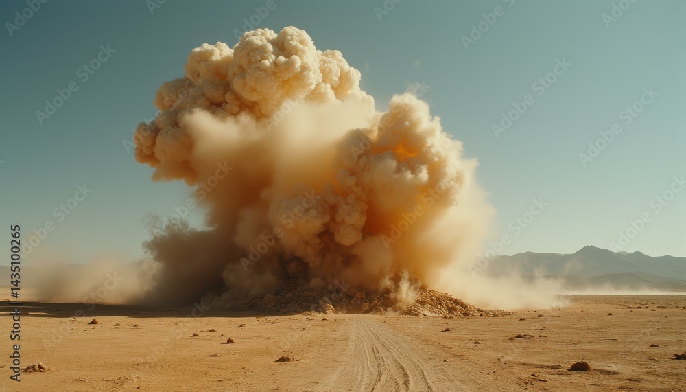 Fototapeta premium Large explosion in arid landscape creates billowing cloud, dust rising above rough terrain, conveying danger and destruction.