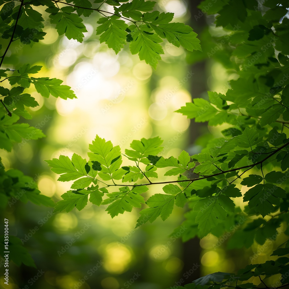 Sunlit maple leaves in a dense green forest Sunlit maple leaves in a dense green forest