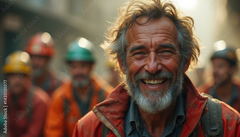 Smiling Mature Man Wearing Red Jacket in Group of Workers, Team Looking Confident, Determination, Strength, Industrial Workforce, Smiling Mature Man Wearing Red Jacket in Group of Workers, Team Looking Confident, Determination, Strength, Industrial Workforce,