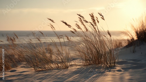 Fototapeta Naklejka Na Ścianę i Meble -  Beach Grass Silhouettes Against Sea, Sand, Sky at Sunrise, Tranquil Coastal