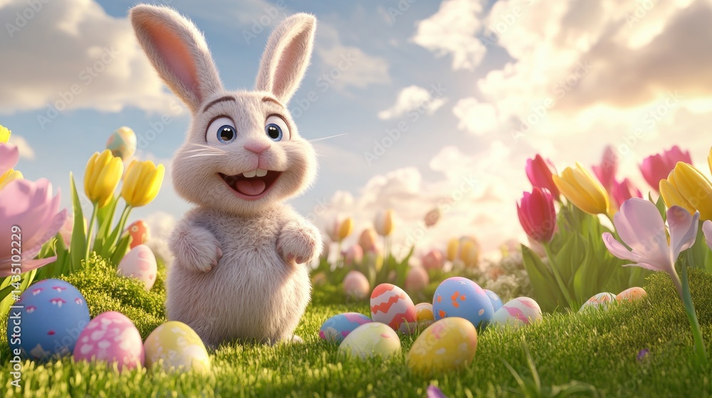 Fototapeta premium Adorable bunny surrounded by colorful Easter eggs and flowers