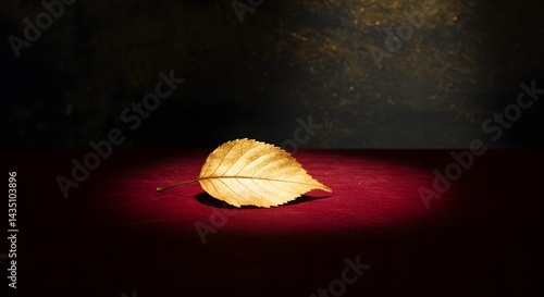 Golden dried leaf illuminated on dark red cloth