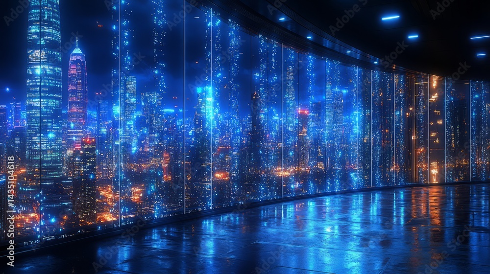 Naklejka premium Futuristic Cityscape: Illuminated panoramic view of a modern city at night, with reflections and digital elements in the foreground, offering a glimpse into urban tech and innovation.