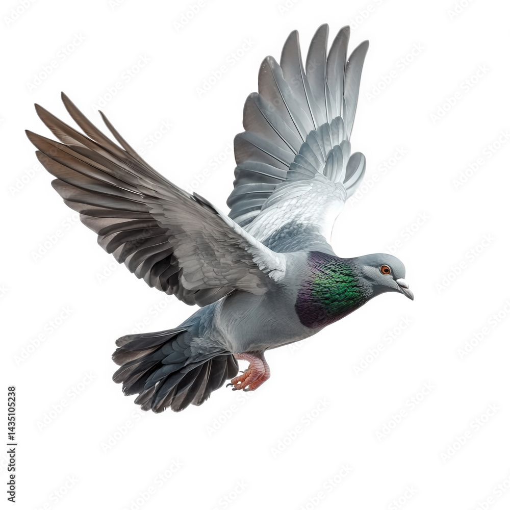 Fototapeta premium pigeon in mid-flight. showcasing its wings spread wide and vibrant plumage. emphasizing its natural beauty and grace this depiction highlights the bird's dynamic movement and can be used for education