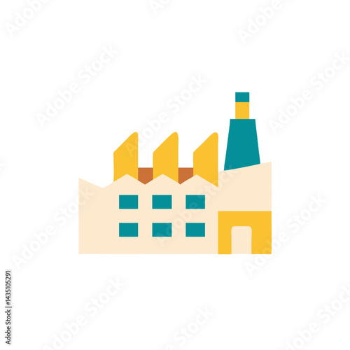  Factory building icon inflat colorful style with yellow and teal colors