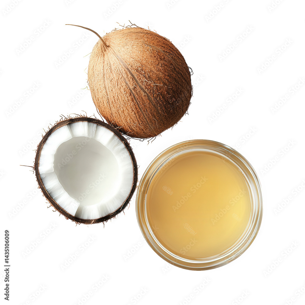 brown coconut with its outer shell partially removed. revealing the white inner flesh and a glass bowl containing coconut water the composition highlights the natural textures and colors. suggesting f brown coconut with its outer shell partially removed. revealing the white inner flesh and a glass bowl containing coconut water the composition highlights the natural textures and colors. suggesting f