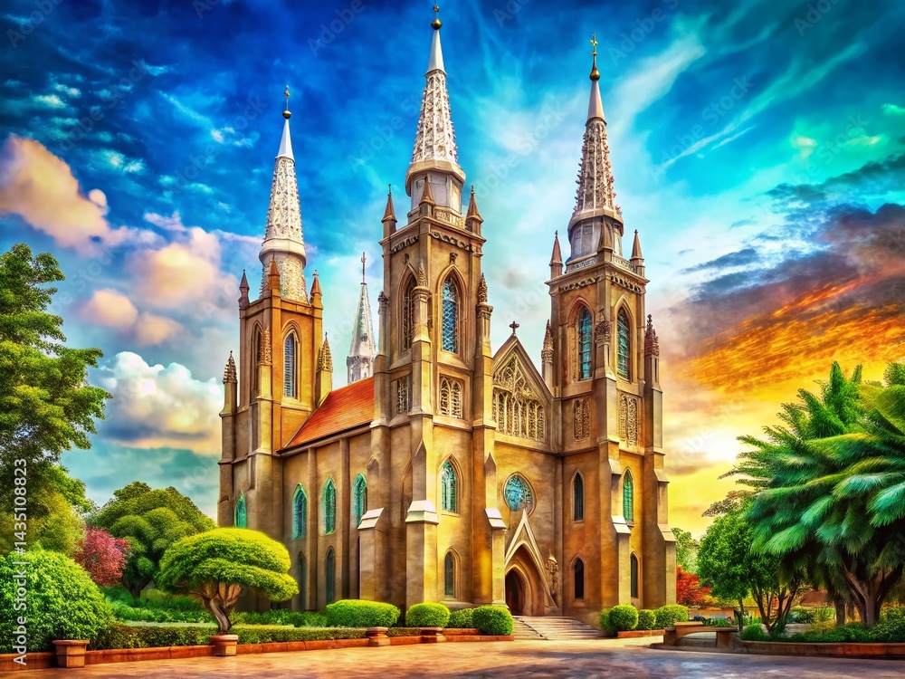 Naklejka premium Jakarta Cathedral Church: Neo-Gothic Architecture, 1901 Inauguration, Digital Sketch