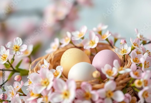 Soft pastel colored eggs nestled in spring blossoms on a blurred background, illustration, floral