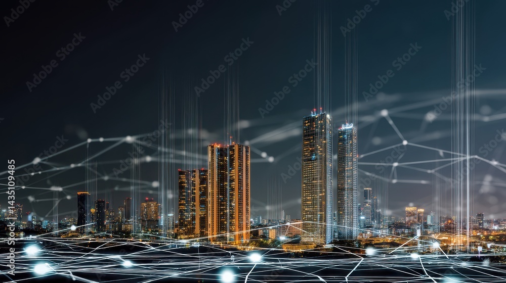 Naklejka premium Illuminated high rise buildings modern architecture and a nighttime cityscape with networks of connectivity and digital infrastructure