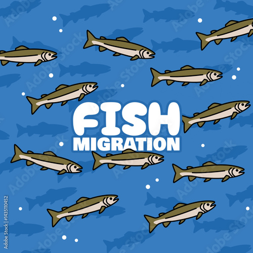 World Fish Migration Day to celebrate on May 21st. Group of migrating salmon. Animal event banner.