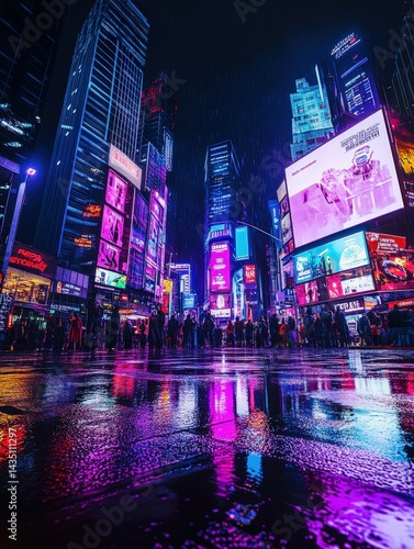 Vibrant city street at night, reflecting in wet pavement