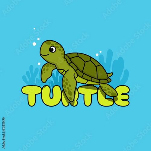 World Turtle Day to celebrate on May 23rd. Illustration of a cute turtle swimming in the sea with bold text on sky blue background. Animal event banner.